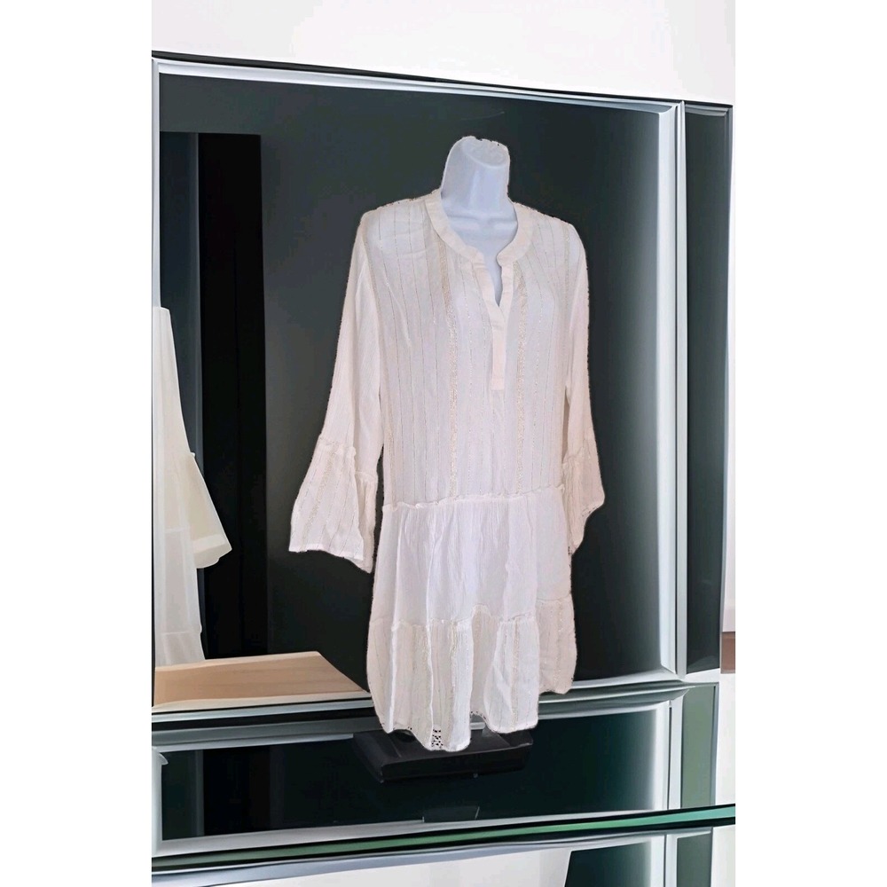 Turks & Caicos‎ Tiered Dress L Ivory/Gold Metallic  Cover-up Beachy Boho NWT